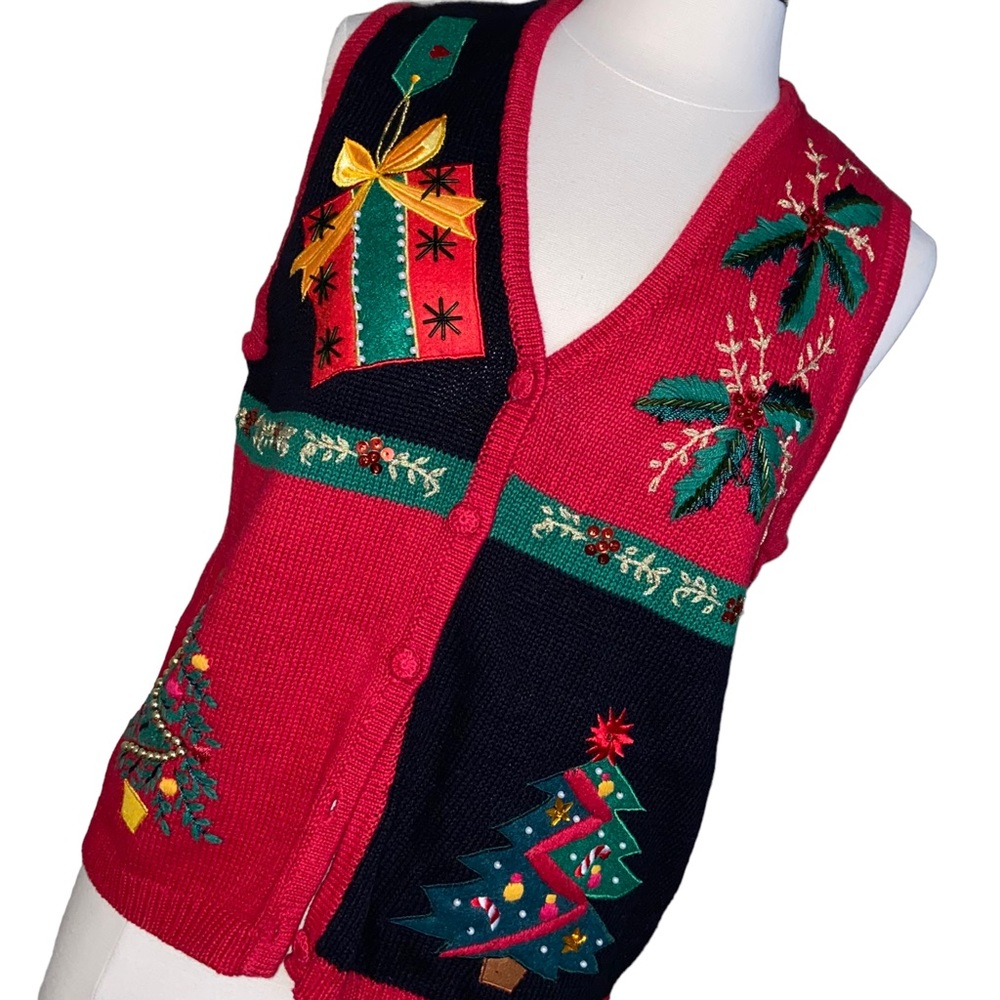 Kathie Lee Vintage Embroidered Ugly Chistmas Sweater Vest Black & Red, Medium